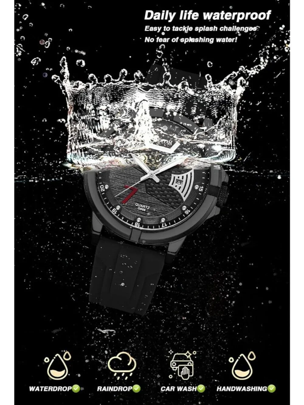 Men's Black Analog Quartz Silicone Band Unique Design Waterproof Wrist Watch